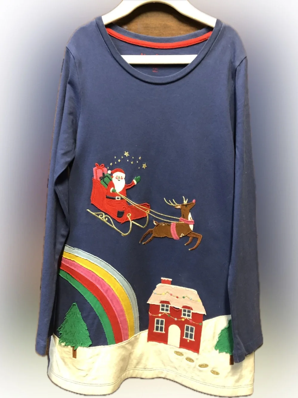 Mini Boden Navy Holiday Sweatshirt Dress with Red Sleigh & Rainbow